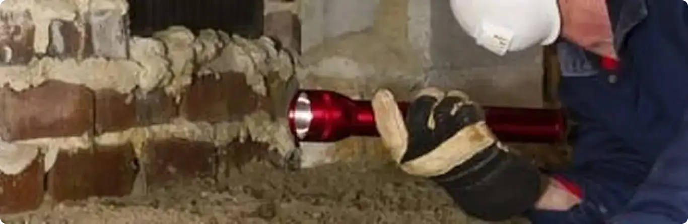 Pest control technician inspecting a crawl space for ant activity in Hooksett, NH