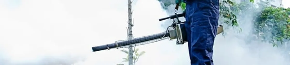 Pest control technician fogging an outdoor area for insect control in Manchester, NH