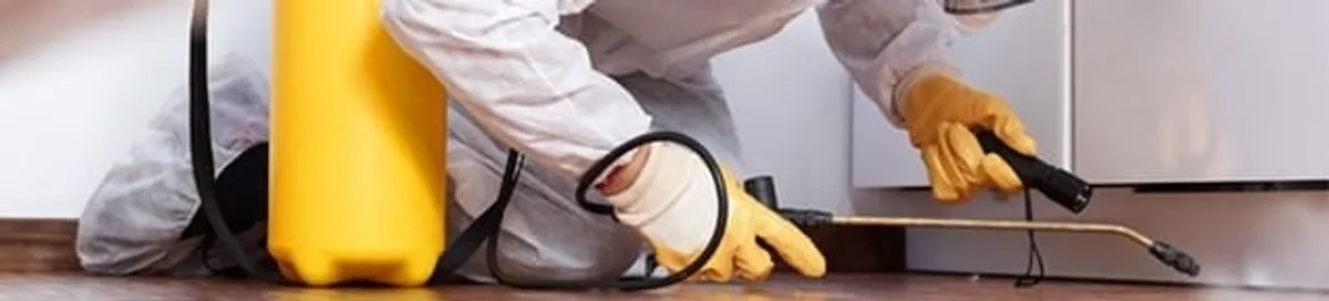 Roach exterminator treating cracks and crevices along kitchen baseboards in Manchester, NH