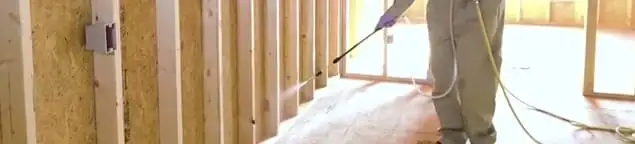 Termite treatment technician applying spray along framing and unfinished walls in Manchester, NH